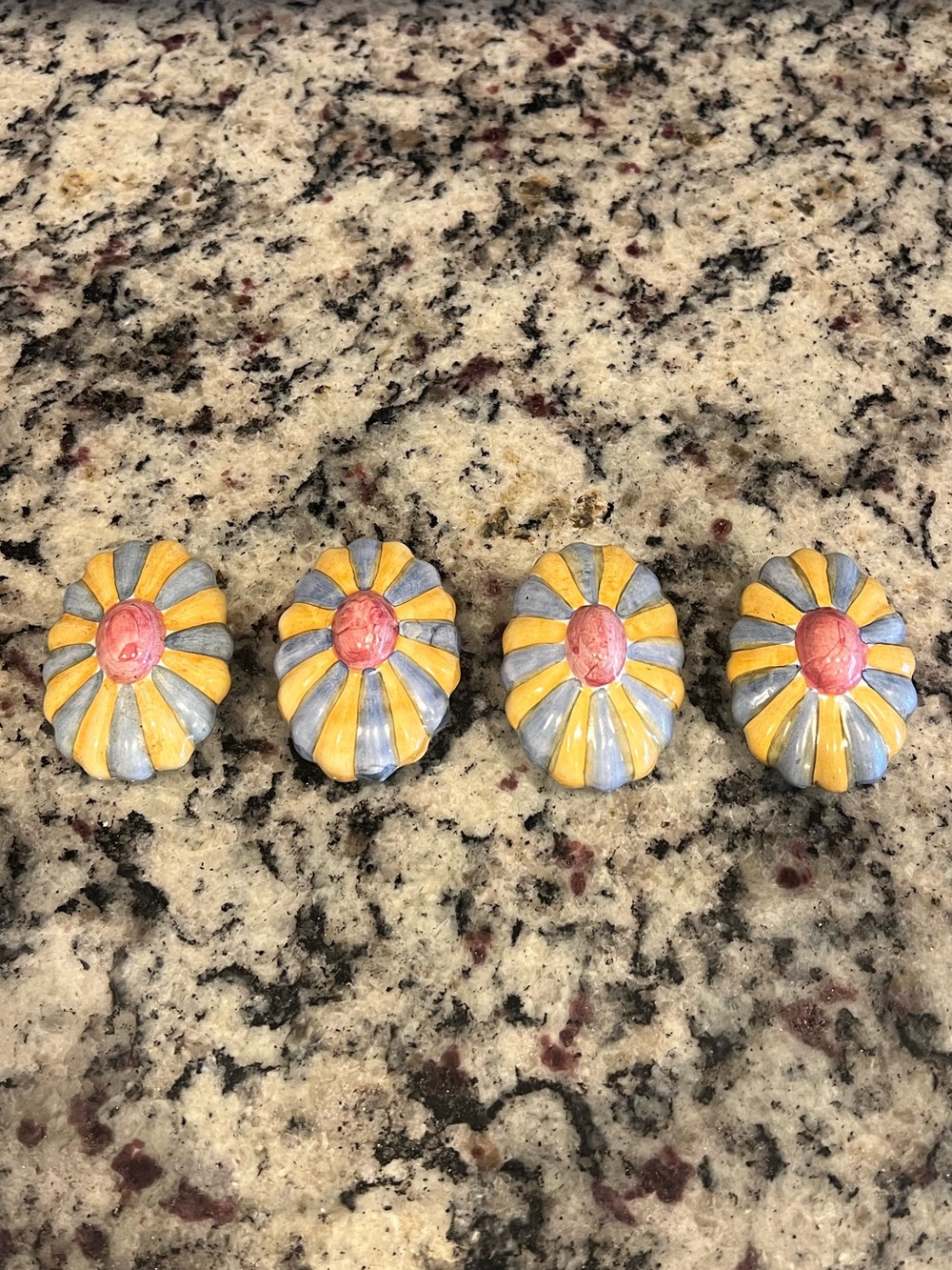 Mackenzie-Childs Vintage Fluted Knobs - Yellow and Blue with Pink center. (4).
